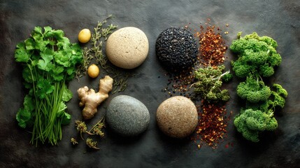 Fresh Green Herbs and Spices with Natural Stones on Dark Surface for Culinary or Wellness Themes