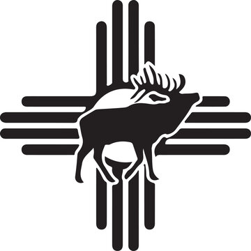 Print silhouette of an elk in front of a zia symbol isolated on