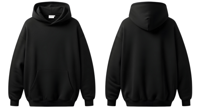 Plain black hooded sweatshirt front and back view on white background