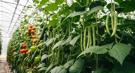 Rows of fresh green beans and ripe tomatoes growing in a modern greenhouse