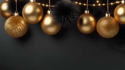 Golden and Black Christmas Ornaments Displayed on a Dark Background for Festive Celebrations and Decor
