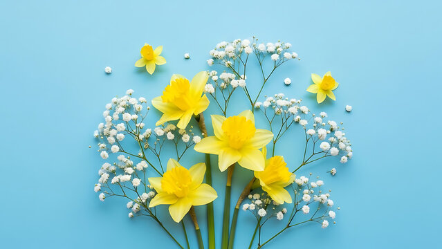 Yellow Daffodils and White Baby's Breath Flowers Arranged Artistically on a Blue Background