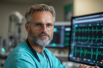 Senior man doctor looking at camera with serious expression. Caucasian male physician with medical data on computer monitor. Healthcare and technology concept.