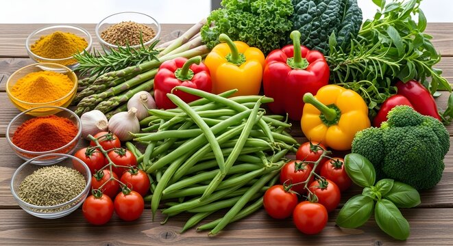 Abundant selection of fresh vegetables including green beans and spices, showcasing a healthy and vibrant diet