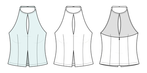 Keyhole Halter Crop Top Technical Fashion Illustration. Fitted Sleeveless Top Vector Template. Front and Back View. Contour Seams. Women&rsquo;s Apparel CAD Mockup Set.