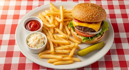 Classic cheeseburger served with french fries, coleslaw, ketchup, and a pickle on a plate