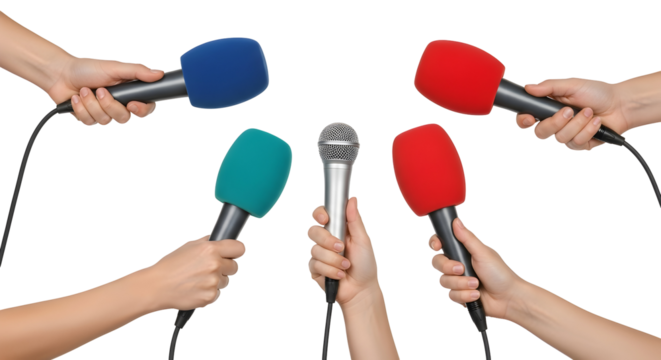 Press conference with multiple microphones ready for interviews, capturing dialogue