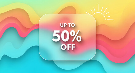 Colorful wave background with a rounded square shape containing "Up to 50% off", concept represents promotional offer, discount, sale, business