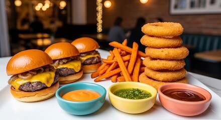 Delicious cheeseburger platter with onion ring stack, sweet potato fry, and dipping sauce assortment