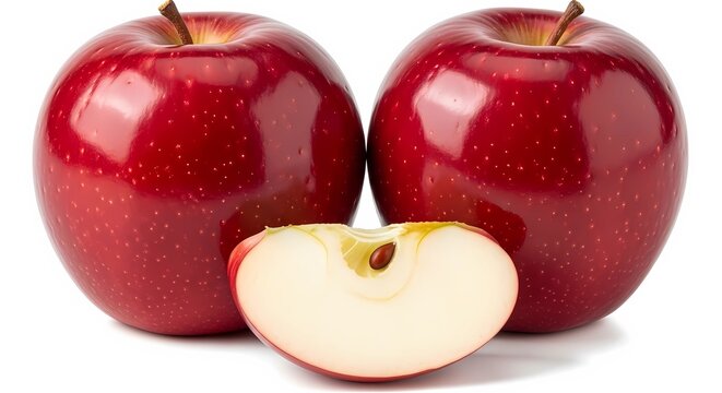 Two shiny red apples with a slice in front on a white background in a studio setting close up shot