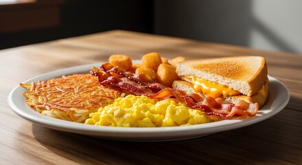 Classic american breakfast plate with scrambled egg, bacon, hash brown, and grilled cheese sandwich