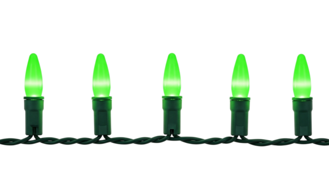 Five bright green led christmas lights glowing in a row against a clean transparent background isolated on transparent background
