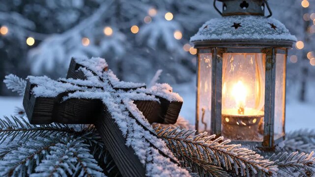 Snowy wooden cross lays next to an old lantern on frosted pine branches with outoffocus lights in the background
