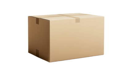 A large cardboard box sits securely sealed, ready for shipment in a warehouse setting during the day.