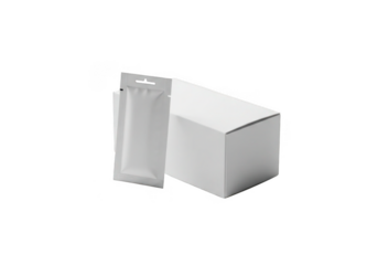 Two white packaging boxes and a hanging pouch isolated on transparent background