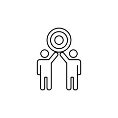 Minimal line icon showing two people lifting a target symbol together, representing shared goals, teamwork, collaboration, success, partnership, mission completion, leadership, and unity in projects.