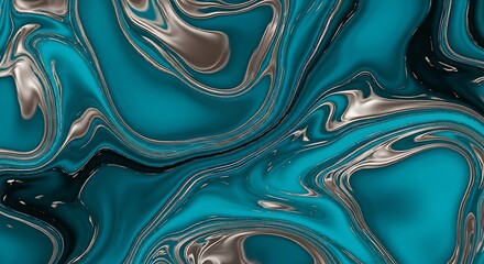 Abstract turquoise and silver liquid marble texture background with fluid art effect