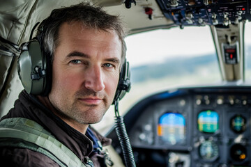 Young male pilot in airplane cockpit focused on controls during flight operation generative ai