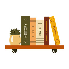 Book stack with a potted plant on a bookshelf. Vector illustration