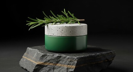 Elegant green and white skincare jar topped with fresh rosemary sprig
