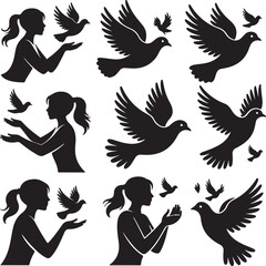 Silhouette art with girls releasing doves for peace and freedom