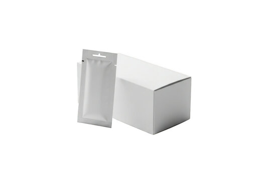 Two white packaging boxes and a hanging pouch isolated on transparent background