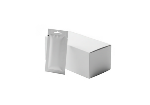 Two white packaging boxes and a hanging pouch isolated on transparent background - Powered by Adobe