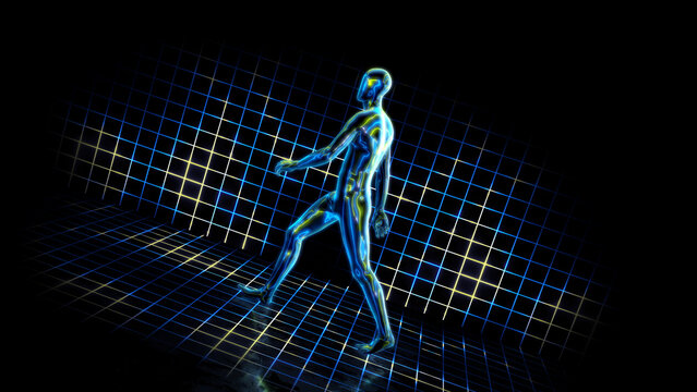 A humanoid character with vibrant glowing energy lines in a walking pose over a dark background and reflective floor.
