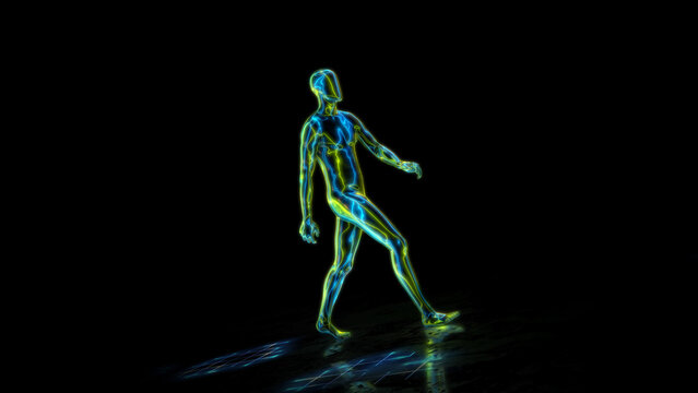 A humanoid character with vibrant glowing energy lines in a walking pose over a dark background and reflective floor.