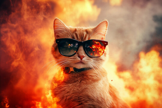 Cool ginger cat wearing sunglasses surrounded by dangerous blazing flames in dramatic fiery scene, stunning generative ai artwork