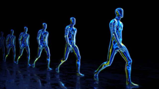A row of humanoid characters with vibrant glowing energy lines in a walking pose over a dark background and reflective floor with retro shimmering grid lines.