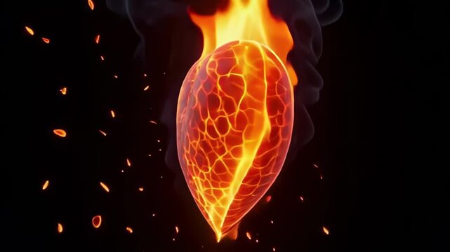 Burning heart animation, digital passion ablaze with fiery love and vibrant energy