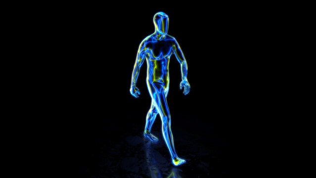 A humanoid character with vibrant glowing energy lines in a walking pose over a dark background and reflective floor.