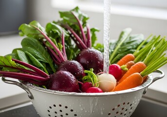 Assortment of fresh root vegetables and carrots being washed in a colander
