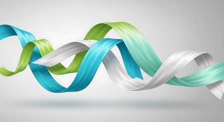 Abstract swirling ribbon wave design with blue, green, and white colors on a light background