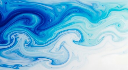 Abstract background of swirling blue and white liquid paint or ink creating a dynamic wave pattern