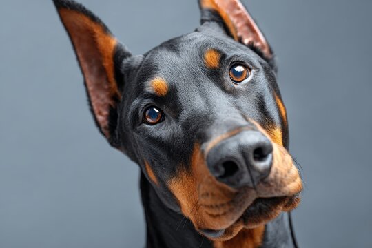 Elegant Portrait of a Graceful Doberman Pinscher with Engaging Expression in Gray Background