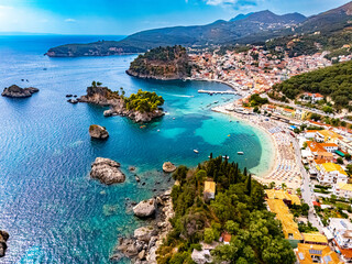 Aerial view of Parga, in the region of Preveza in Epirus, Greece
