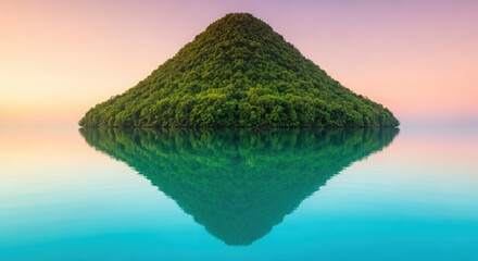 Fantasy floating island lush green trees calm water reflection sunset sky