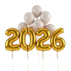 Gold foil balloons spelling out the year 2026 isolated on white background