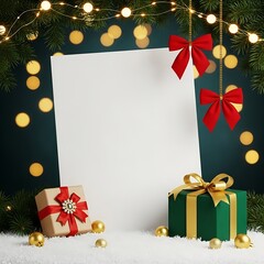 Christmas background with blank paper, gifts, and festive lights
