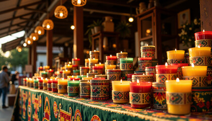 Colorful candles displayed on a market stall during Kwanzaa celebration  
