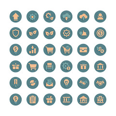 Collection of circular icons representing various business and finance concepts, perfect for web design and application development