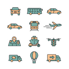 A collection of colorful transportation icons representing various modes of travel and delivery services