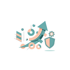 Business growth and security concept with upward arrow, charts, shield, and gear elements