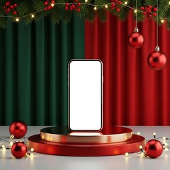Smartphone mockup on podium with christmas decoration background