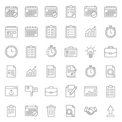 Modern outline icons for business productivity and management. This vector collection represents planning, scheduling, analytics, and efficient workflow in digital applications