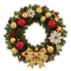 Festive christmas wreath with gold ornaments, red berries, and bow isolated on white background