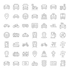 Extensive collection of line art transportation icons, featuring diverse vehicles, travel modes, navigation symbols, and logistics elements for modern design projects