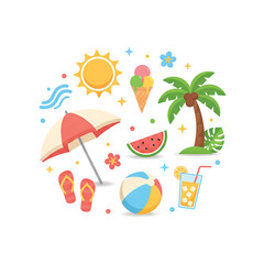 Vibrant collection of essential summer vacation elements including a beach umbrella, bright sun, tropical palm tree, refreshing ice cream, and cool drinks, perfect for holiday promotions